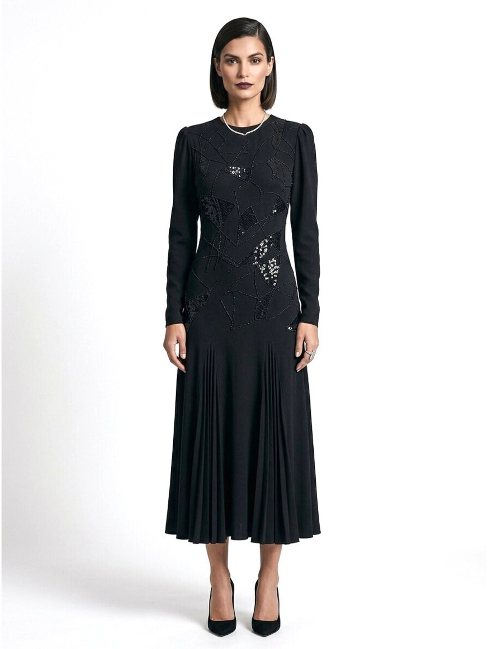 Vintage Bloomingdales M/L Black Beaded Sweater Dress Knit Long Sleeve Wool Maxi